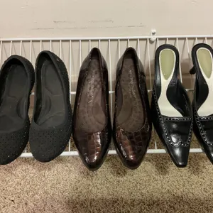 Three Pairs of Women’s Shoes Including Flats, Pumps, and Slingbacks