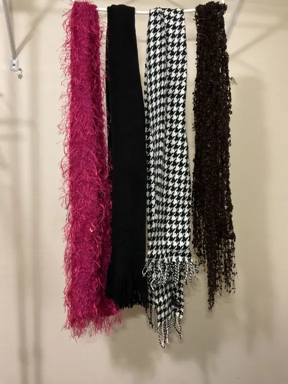 Four Scarves Featuring Various Textures and Patterns