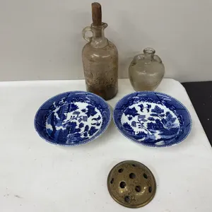 Vintage Made In Occupied Japan RP Blue Patterned Bowls 7 1/2” And Antique White House Vinegar Jug And A White House Apple Cider Vinegar Jug And A Bras