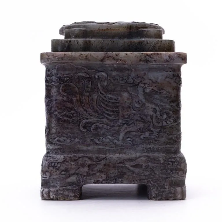 CHINESE ARCHAISTIC CARVED HARDSTONE SQUARE CENSER