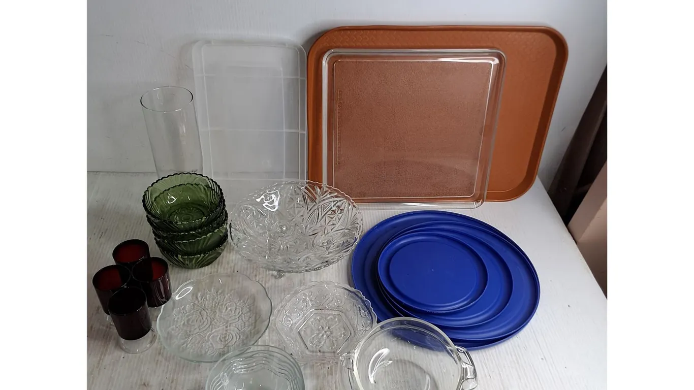 Assorted Glassware, Plastic Lids & Trays, Misc.