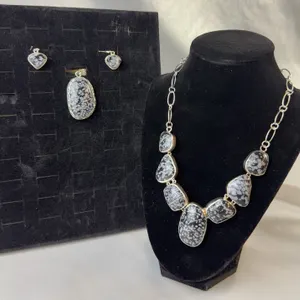 Stamped .925 Snowflake Obsidian Jewelry Set: Necklace, Earrings, Pendant