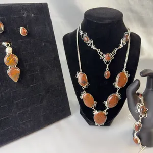 Stamped .925 Mahogany Obsidian Jewelry Set: Necklace, Bracelet, Pendant, Earrings