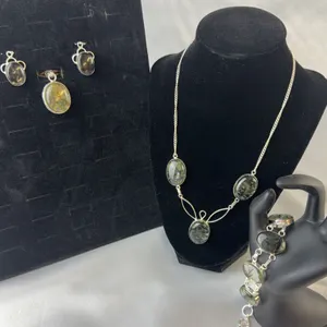 Stamped .925 Tourmalated Quartz Jewelry Set: Necklace, Bracelet, Earrings, Pendant