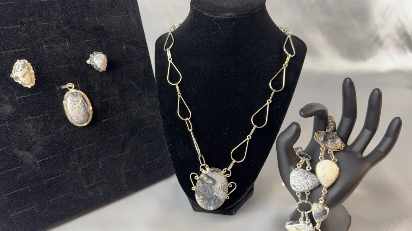Stamped .925 Silver Dendritic Agate Set: Necklace, Two Bracelets, Rings, Pendant