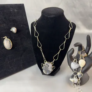 Stamped .925 Silver Dendritic Agate Jewelry Set: Necklace, Two Bracelets, Rings, Pendant