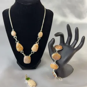 Stamped .925 Starburst Coral Necklace, Bracelet, and Pendant Jewelry Set