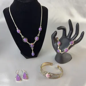 Stamped .925 Mosaic Jasper Jewelry Set: Necklace, Bracelet, Earrings, Cuff Bracelet