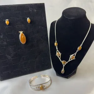 Tiger's Eye and Stamped .925 Jewelry Set: Necklace, Earrings, Pendant, and Bracelet