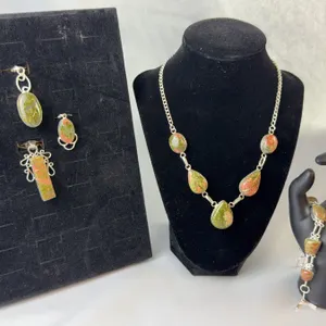 Stamped .925 Silver Unakite Jewelry Set With Necklace, Bracelet, Earrings, and Pendants