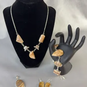 Stamped .925 Picture Jasper Jewelry Set: Necklace, Bracelet, Earrings, Pendant