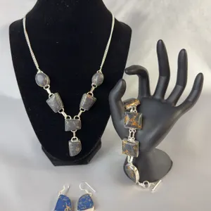 Stamped .925 Mosaic Jasper Jewelry Set with Necklace, Bracelet, and Earrings