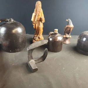 Stoneware Jugs, Wood Carvings, More