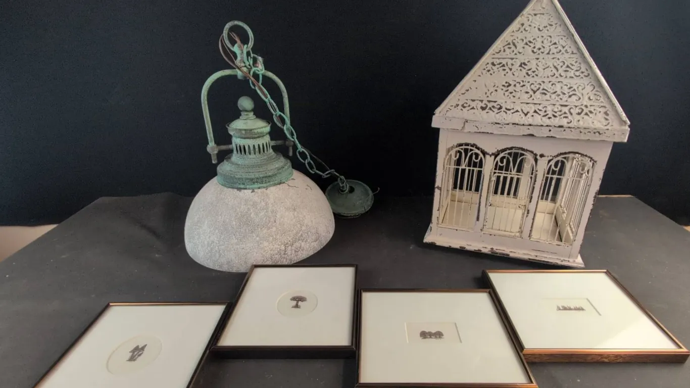 Dunne '84 Framed Nature Prints, Iron Pendant Light, and White Birdcage