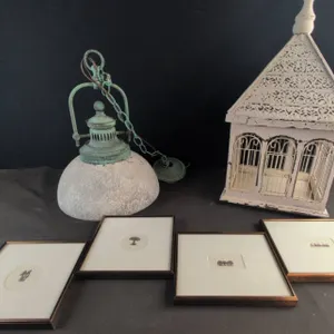 Dunne '84 Framed Nature Prints, Iron Pendant Light, and White Birdcage