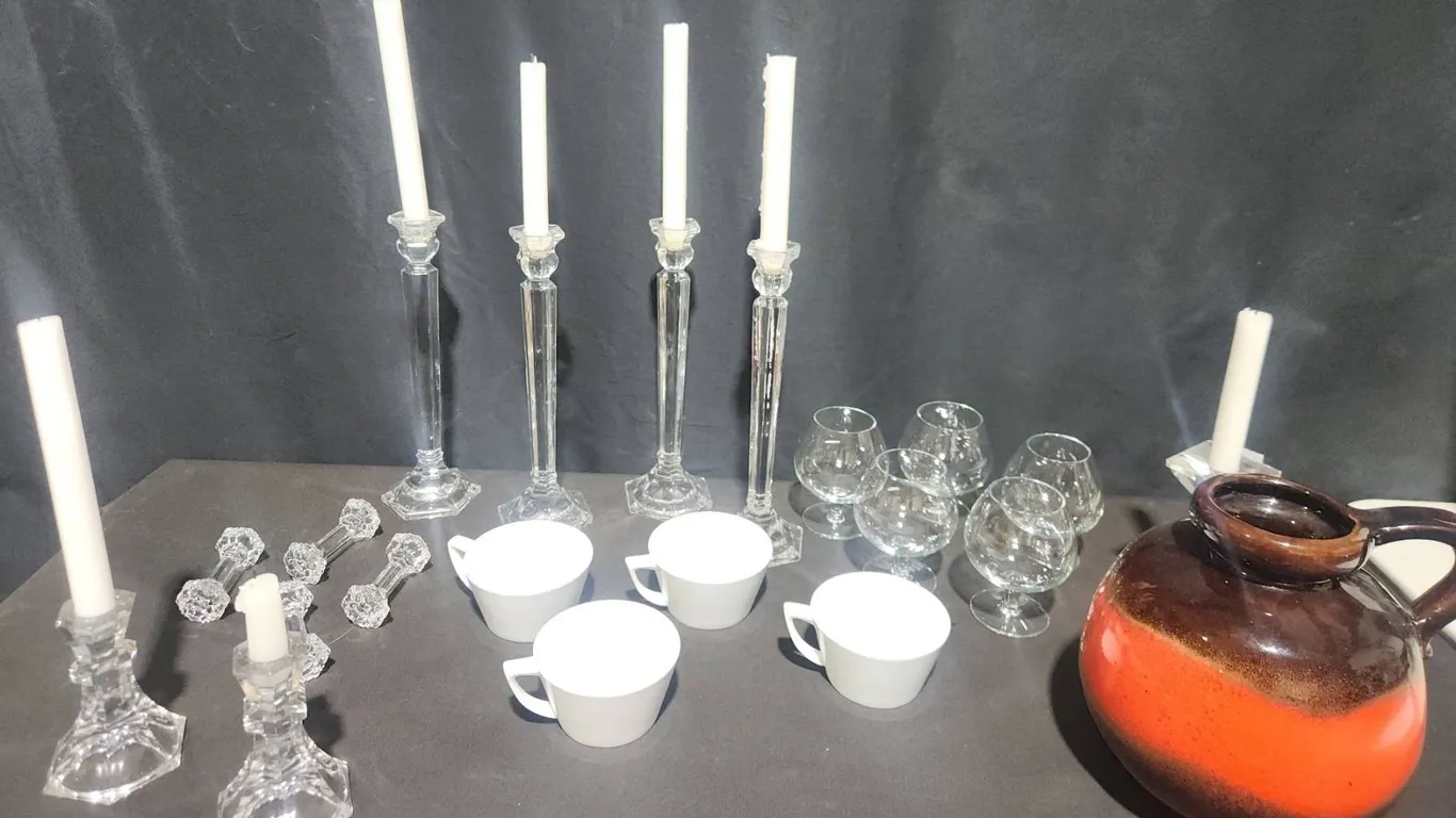 Denby Cups, Crystal Candle Holders, West German Pottery Pitcher