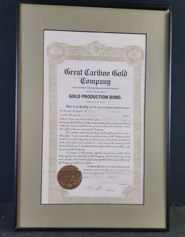Great Cariboo Gold Company Gold Production Bond, Framed Certificate
