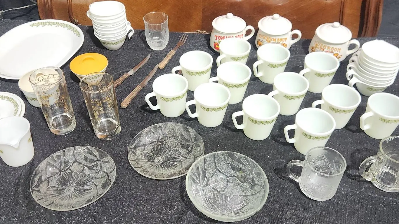 Corelle Spring Blossom Cups, Glassware and Soup Bowls