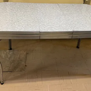 Mid-Century Chrome and Grey Cracked Ice Formica Kitchen Table with Leaf Extension