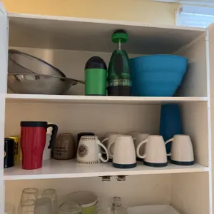 Kitchen Cabinetware Lot with Cups, Mugs, Bowls, Plates, Strainer, Mixer, Containers