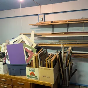 Large Mixed Lot of Picture Frames, Frame Mouldings, and Assorted Mat Boards