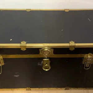 Black Steamer Trunk with Brass Hardware and Fabric Lining