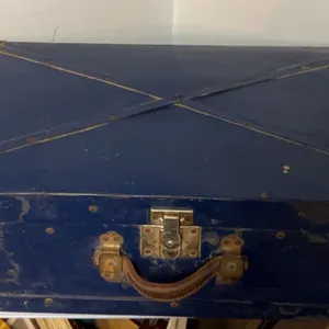 Blue Metal Trunk with Brass Hardware and Leather Handle, Includes Reel-to-Reel Tapes