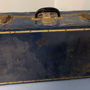 Blue Metal Trunk Suitcase with Brass Hardware and Fabric Lined Interior