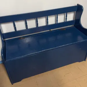 Blue Painted Wooden Storage Bench with Hinged Seat and Spindle Back