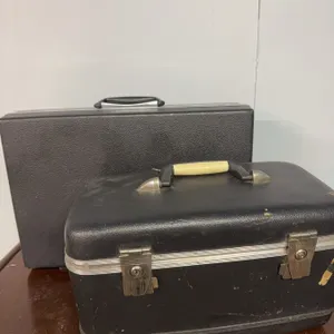 Two Vintage Suitcases with Hair Scrunchies and Assorted Thread/Floss