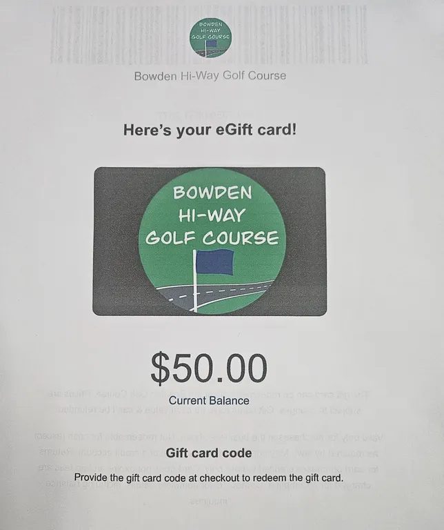 $50.00 Gift Card - Bowden Hi-Way Golf Course