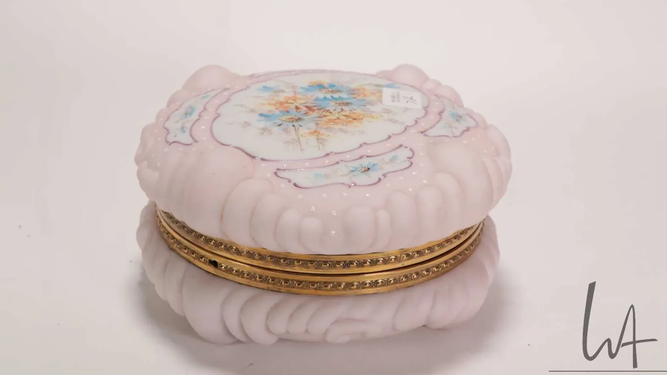 Antique Wavecrest dresser jar with hand-painted floral design with white enamel dots, includes it's