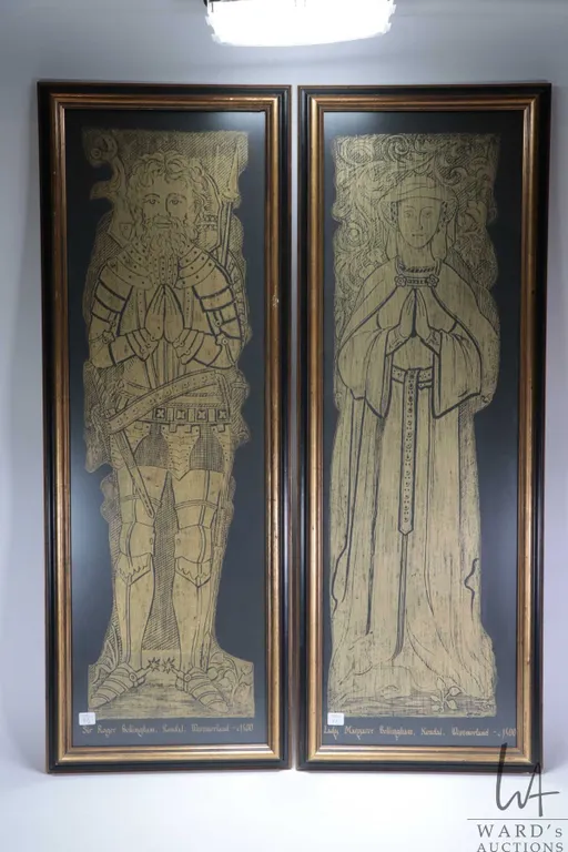 Two framed brass rubbings artworks including medieval knight Sir Roger Bellingham and Lady Margaret