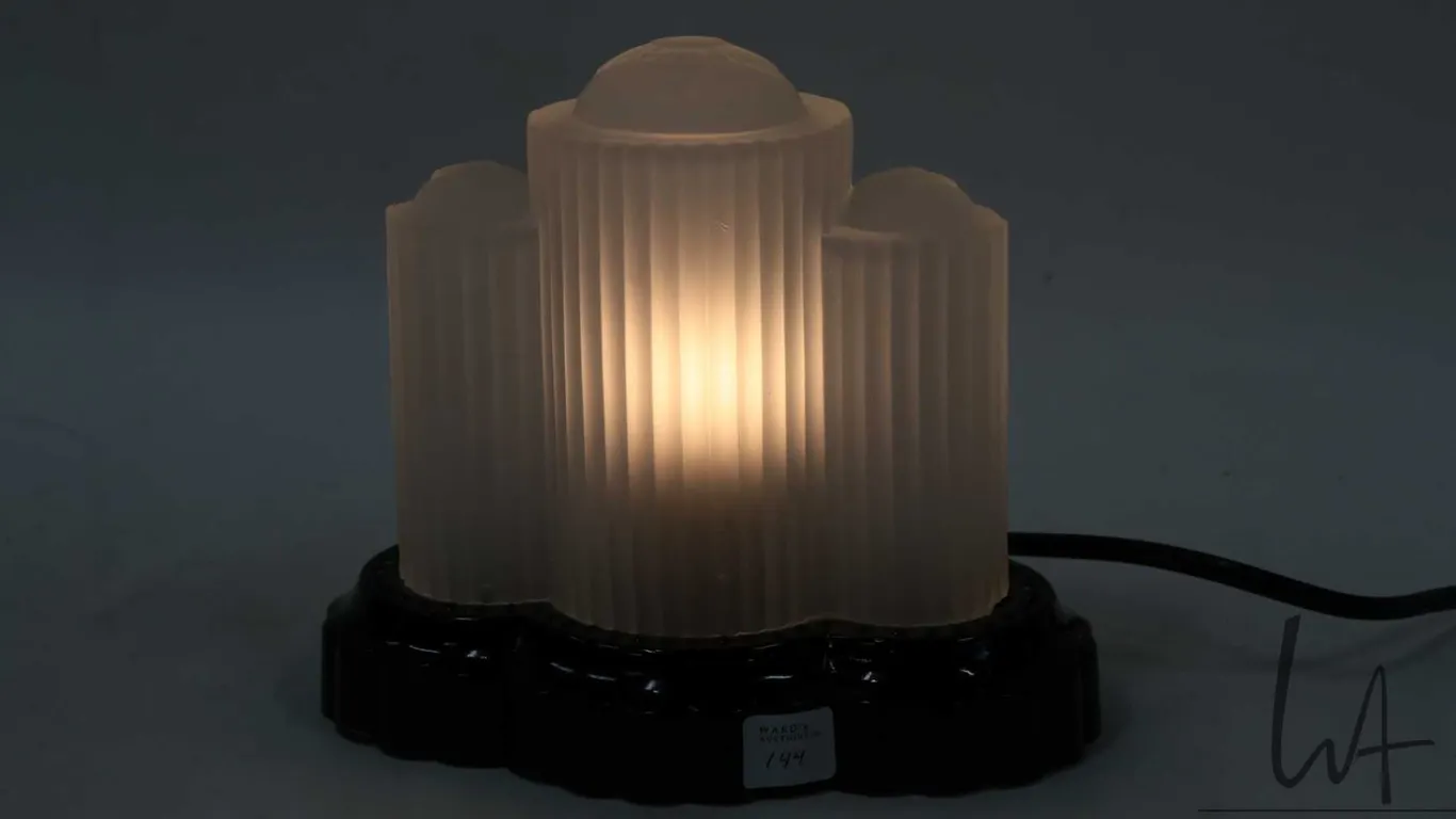 Vintage three tier art deco "skyscraper" boudior lamp with frosted glass shade and black glass base