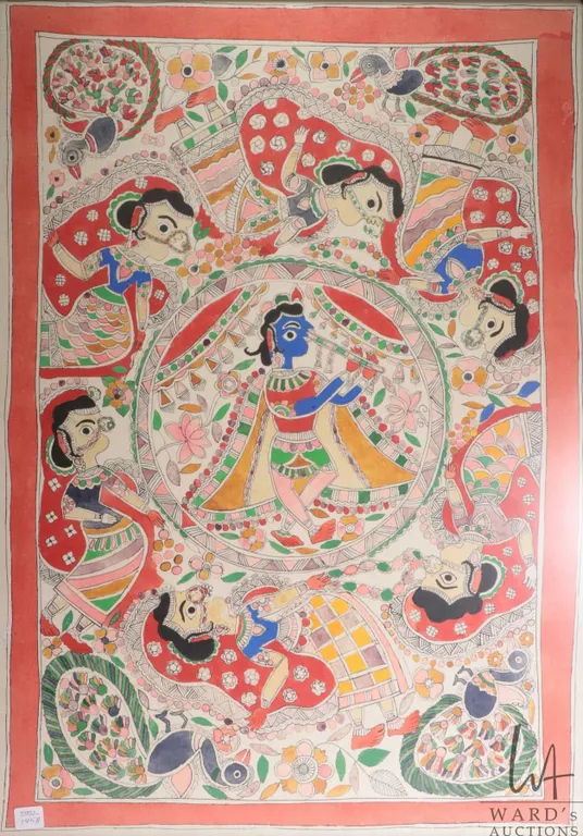 Framed original watercolour "Madhubani" painting, 28" X 19 3/4"