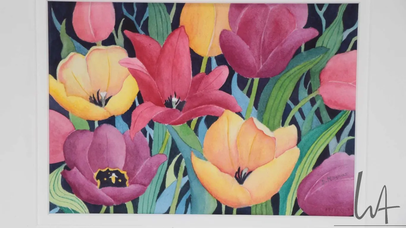Doris Magnus, framed original watercolour still-life tulips, 7" X 10"
