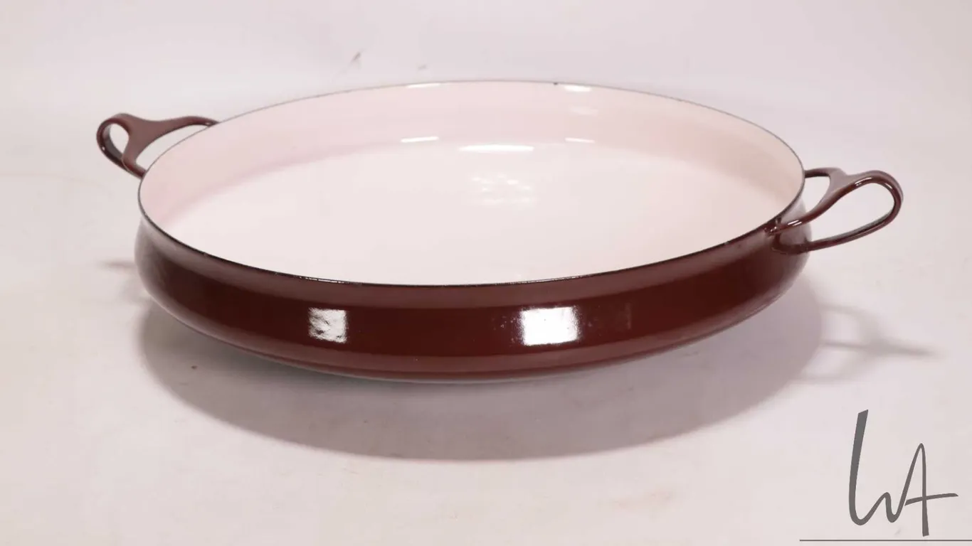 Dansk brown enamel double handled paella pan, 13 1/2" in diameter