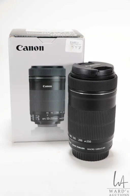 Canon EFS-55- 250mm IS f/4-5.6 IS STM lens, new on box with accompanying packaging