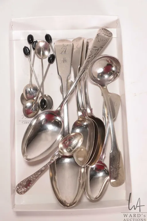 Eight sterling silver spoons including engraved serving spoons, engraved fiddle spoon, three fiddle