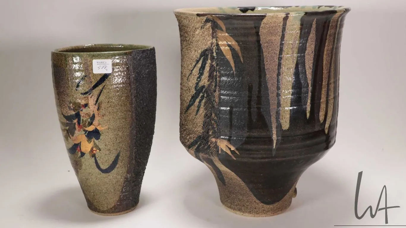 Two artisan made glazed pottery vases, each signed including 12" and 10"