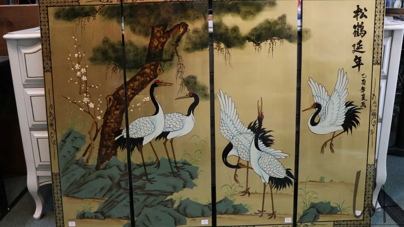 Four pieces hand painted panel featuring Orieintal cranes, each panel 36" X 12"