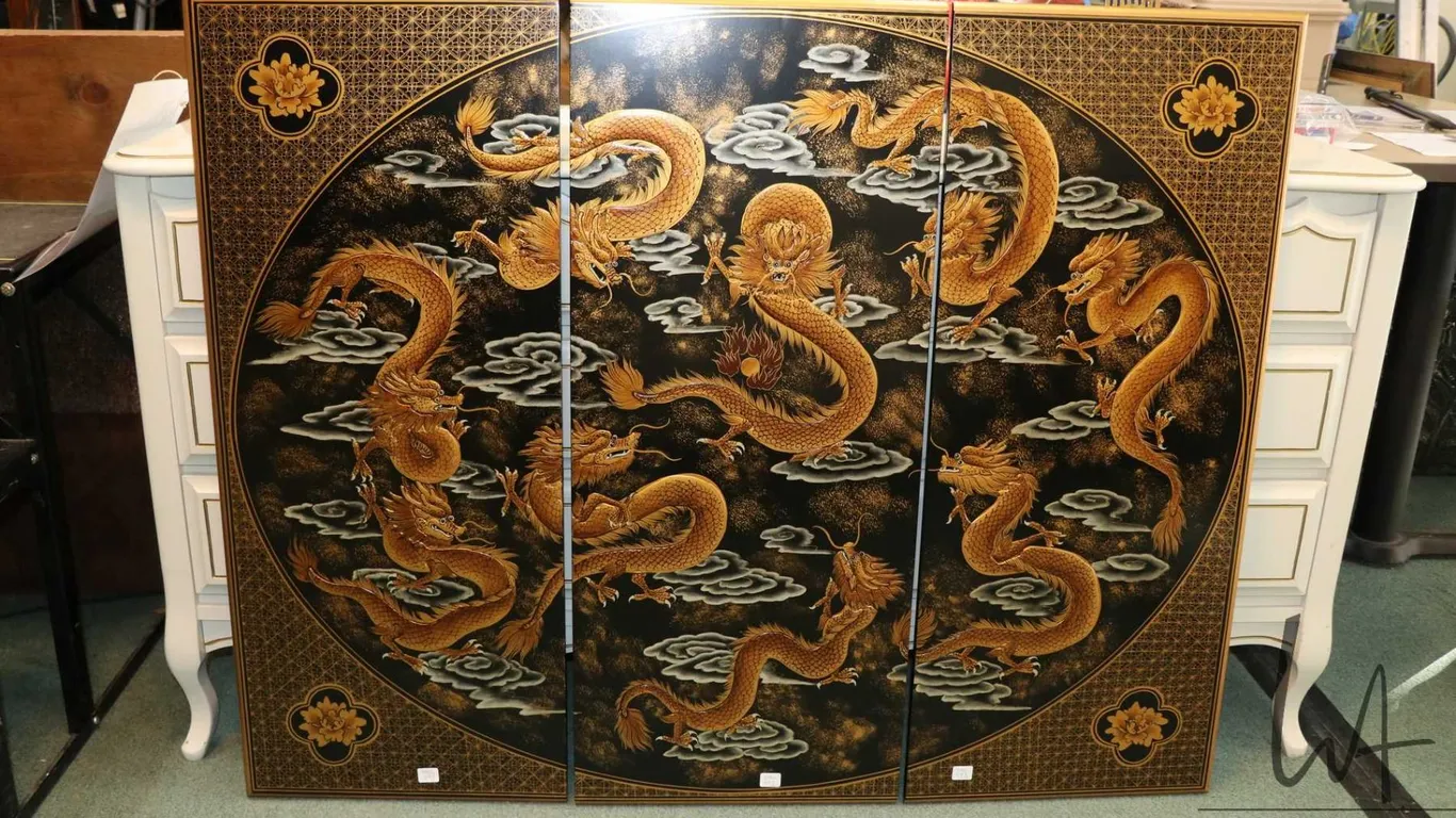 Three piece hand painted nine dragon and pearl motif wall panel, each panel 38" X 16" and includes o