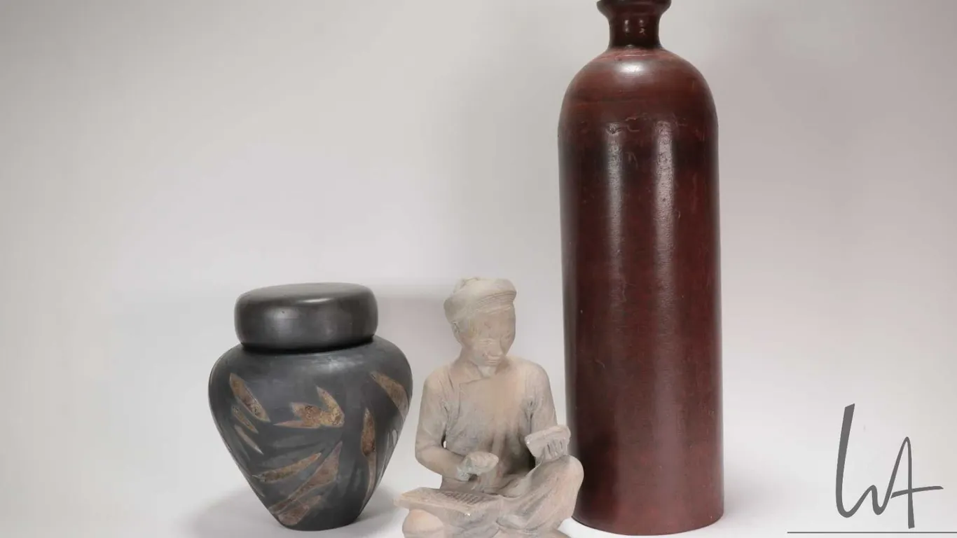 Artisan made lidded clay pot, large metal 16 1/2" cae and a 8 1/2" clay scholar figure with abacus