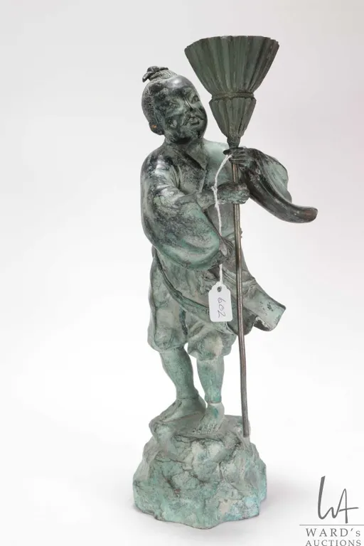 Patinated bronze statue of an Asian man holding a broom, 13 1/2" in height