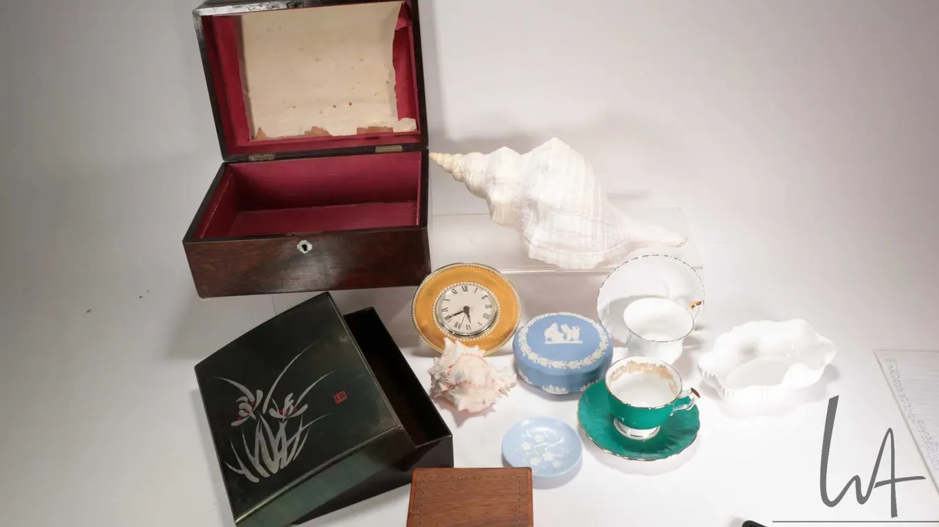 Selection of collectibles including large shells, teacups including Aynsley and Royal Albert, Coalpo