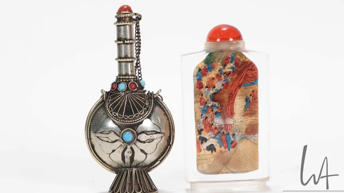 Two small Asian bottles including Oriental reverse painted snuff bottle and Indian bottle with inlai