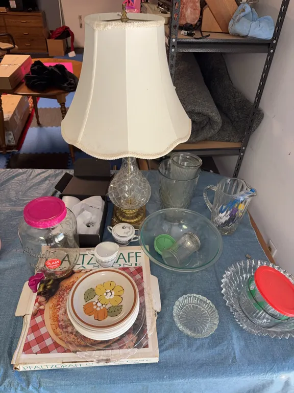 Lamp and glassware, dishes, bowls, and pitchers