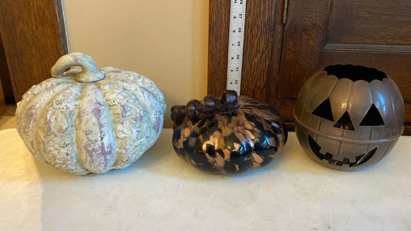 3 Decorative Pumpkins: Metal, Glass, and Ceramic