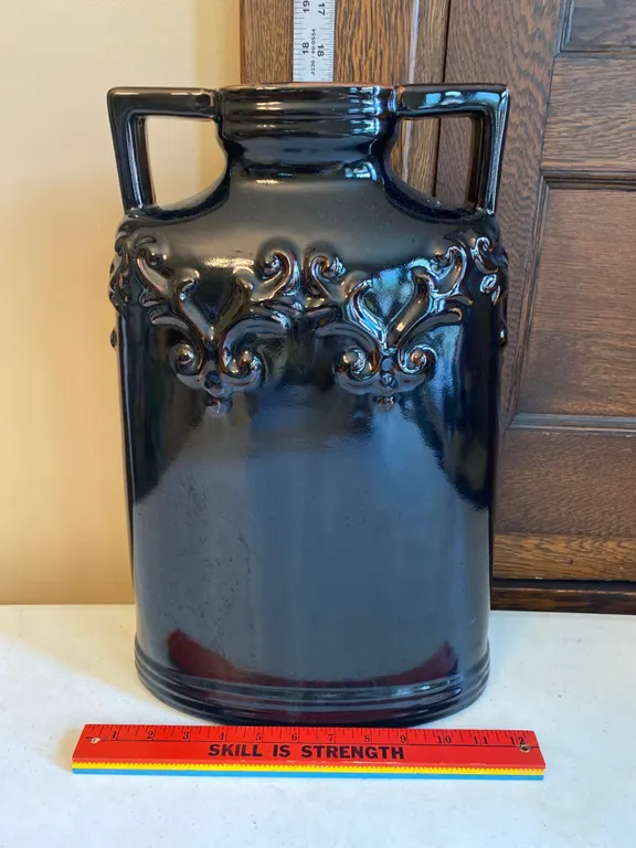 Black Ceramic Jug or Vase with Handles and Embossed Decoration
