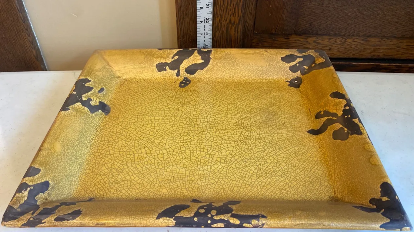 Rectangular Crackled Ceramic Tray with Painted Design